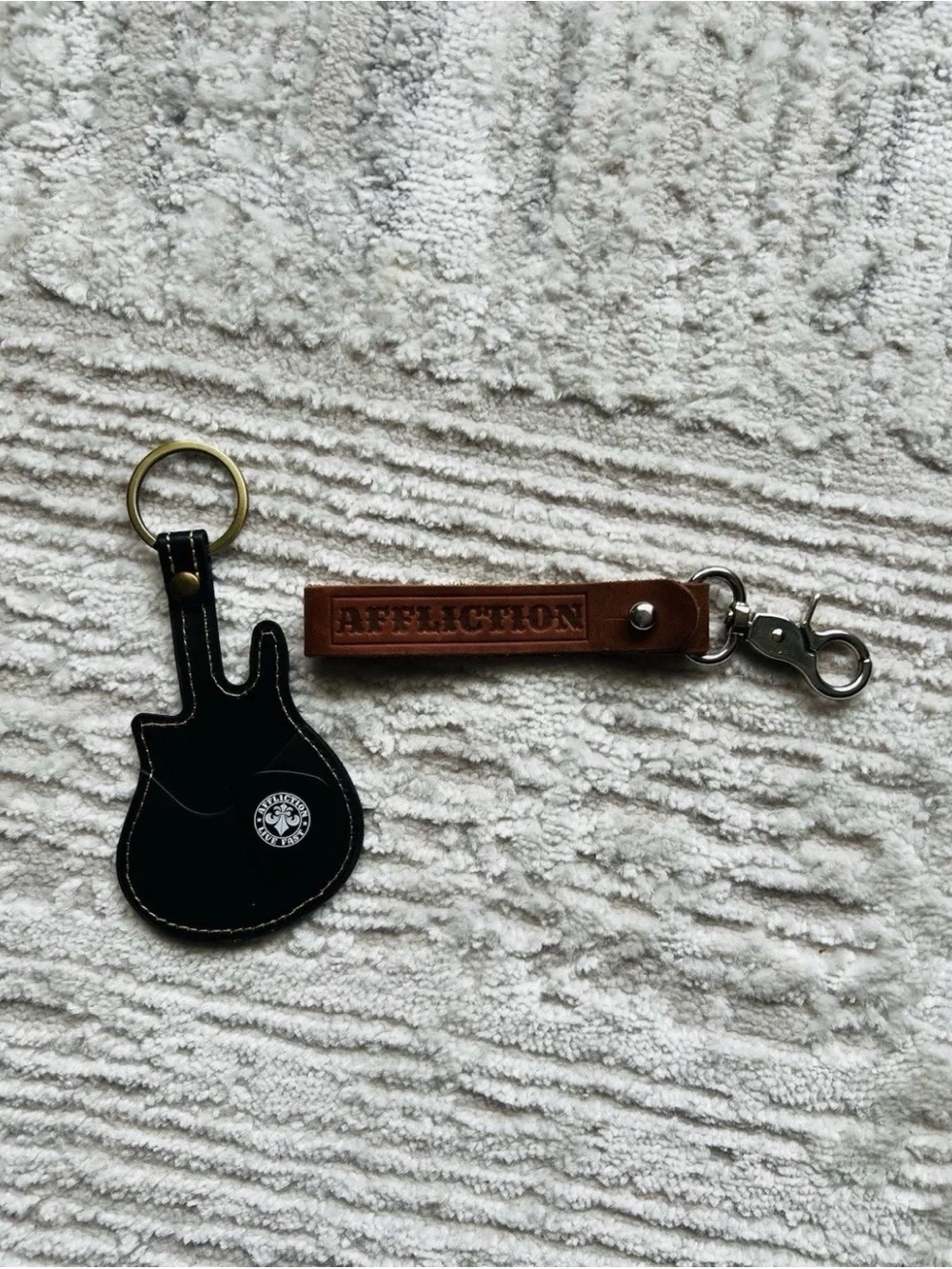 Affliction Brown Leather Strap Key Fob with Black Guitar-Shaped Keyring
